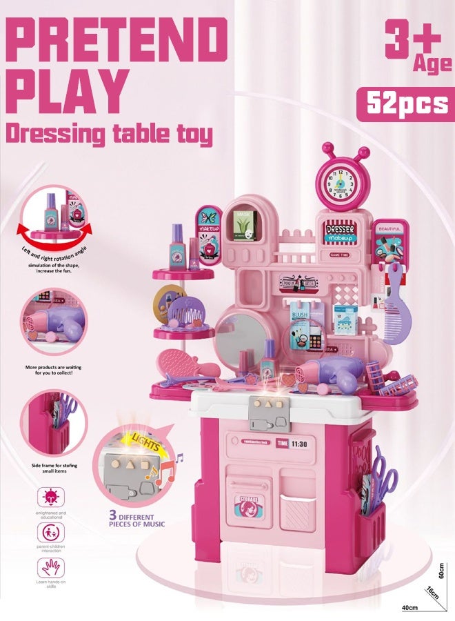 52pcsTable Play set Gifts, Toddler Beauty Play Set,Princess Toys Makeup Play Set for Kids, Portable Pretend Glamorous Vanity Make Up Beauty Play Set With Light And Sound,Toddler Dress-up Table Toy for 3+Years Old Girls, Kids Role Play Beauty Play set Gift - Image 1