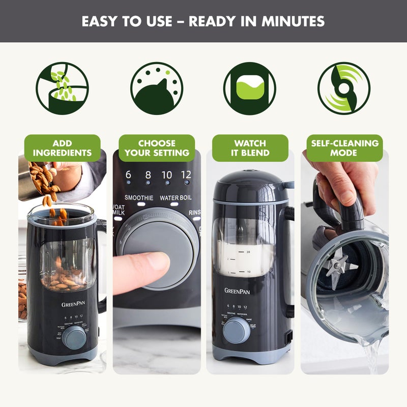 GreenPan Nut Milk Maker, 15-in-1 Homemade Soy, Almond, Oat, Coconut, Non-Dairy, Rice, Soup, Baby Food, BPA-Free, Smooth Creamy Texture, Self Clean, Barista Quality Milk, Delay Start, Boil Water, Gray - Image 2