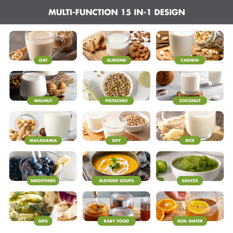 GreenPan Nut Milk Maker, 15-in-1 Homemade Soy, Almond, Oat, Coconut, Non-Dairy, Rice, Soup, Baby Food, BPA-Free, Smooth Creamy Texture, Self Clean, Barista Quality Milk, Delay Start, Boil Water, Gray - Image 3