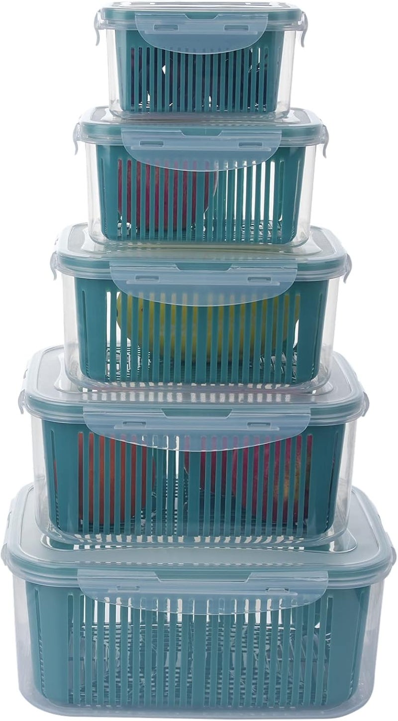 5 Packs Stackable Refrigerator Organizer Bins - Food Storage Containers with Built-in Drain Baskets & Airtight Lids - BPA-Free Produce Saver Set - Image 1