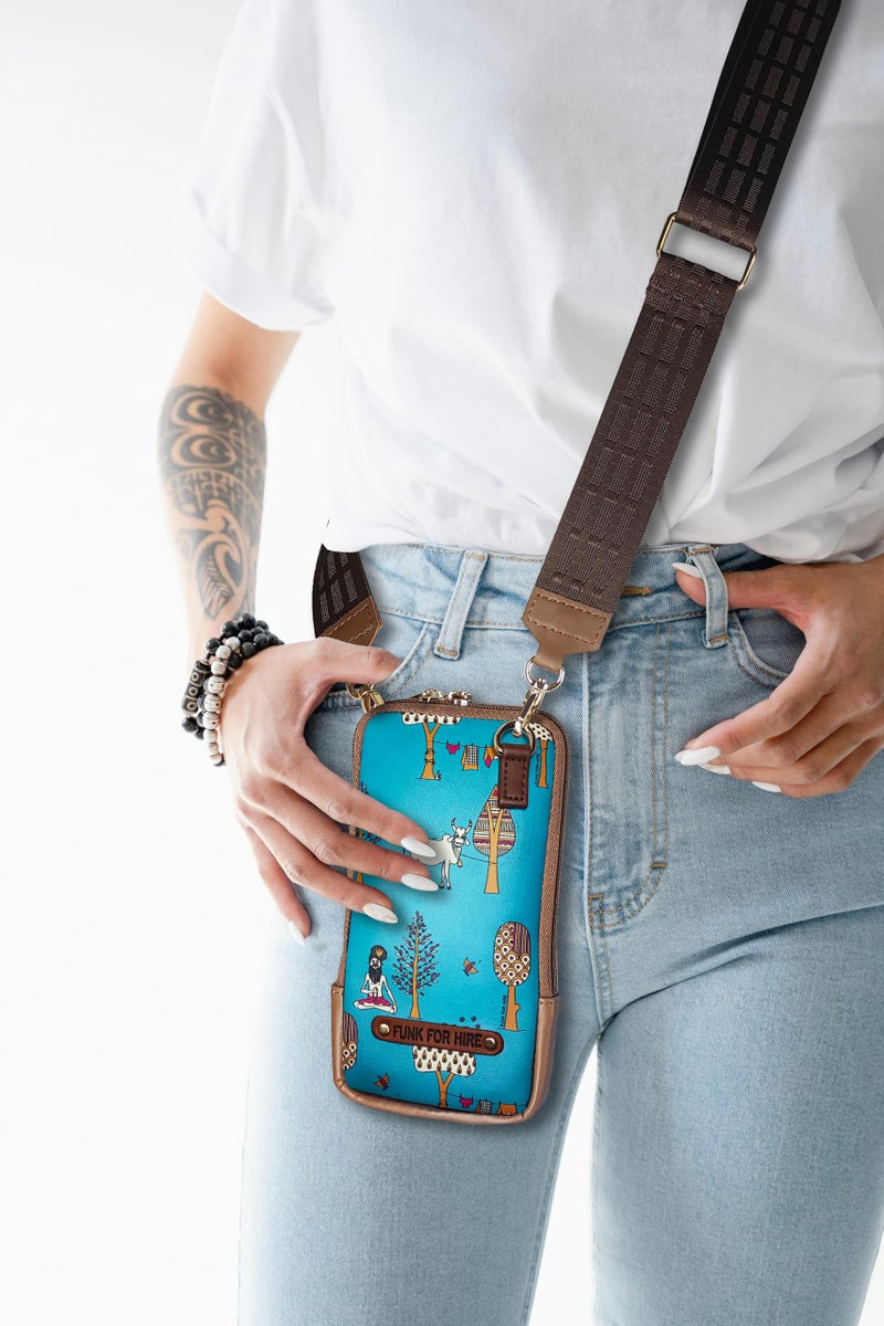 Funk For Hire Leatherette Printed Mobile holder sling bag - Teal and Brown - Image 5