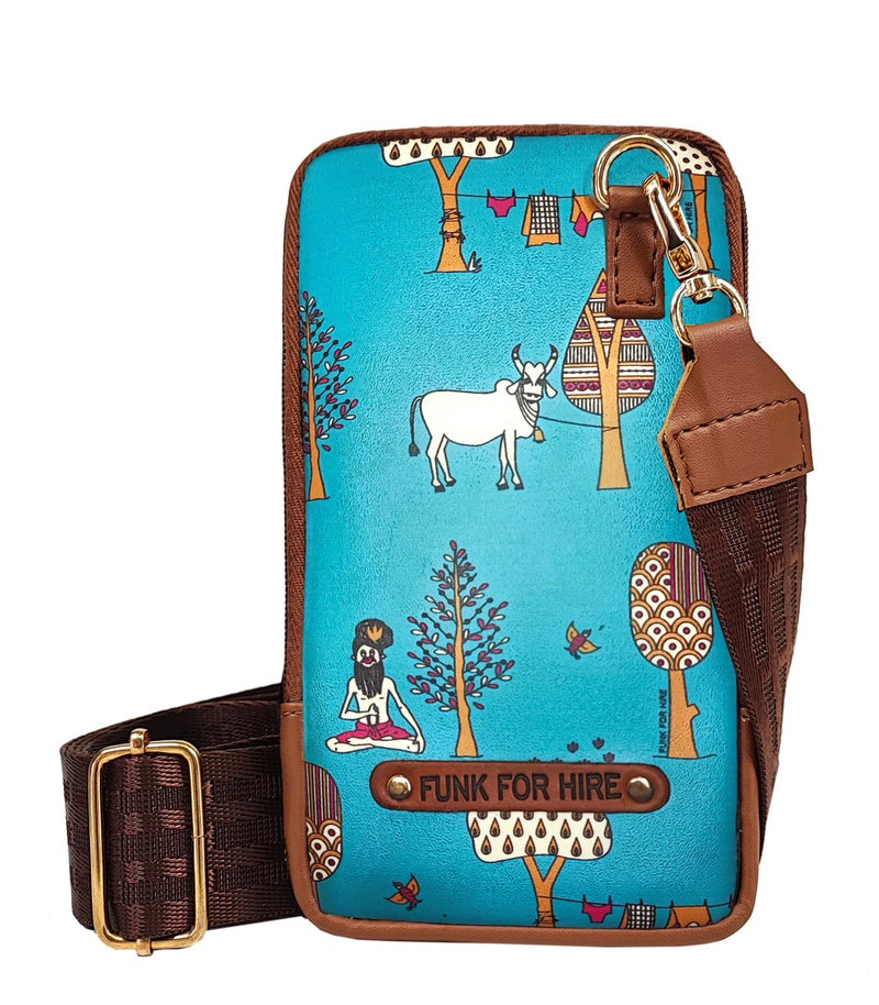 Funk For Hire Leatherette Printed Mobile holder sling bag - Teal and Brown - Image 1