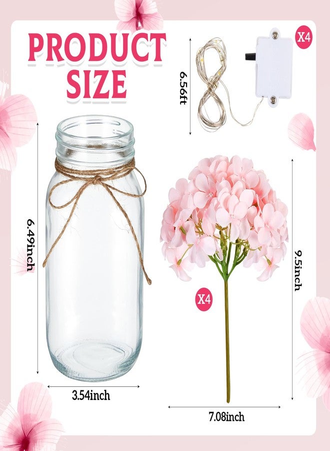 Juinte 4 Sets Mason Jar with Lights Pink Hydrangea Decorative Pink Centerpieces for Tables Mason Jars Flowers Decorations LED Farmhouse Vase for Home Wedding Event Party Decor - Image 2