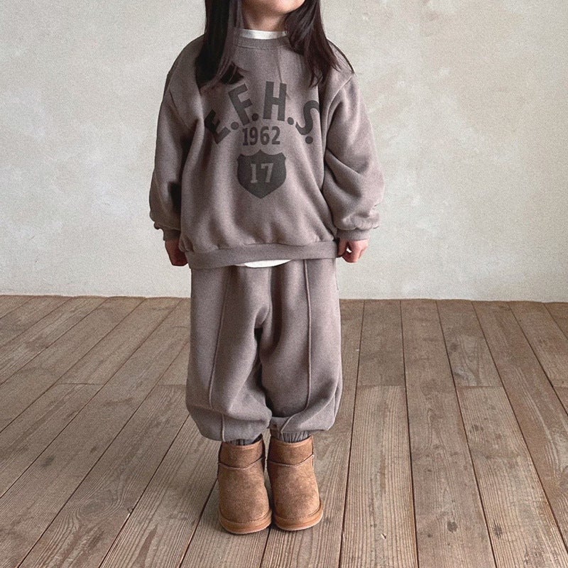 Kids Winter Fashion Letter Print Fleece Hoodie Set 26 D821 brown 