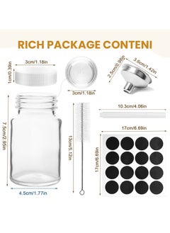 SKYLINK 12Pack 2 oz Clear Glass Bottles with White Lids, Stainless Steel Funnel, Brush & 16 Labels – Small Wide-Mouth Jars for Ginger Shots, Juice, Travel, Samples – Leakproof & Dishwasher Safe  - Image 2