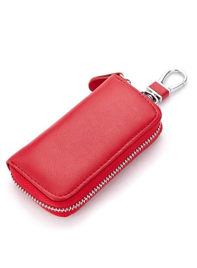 ECVV Unisex Mens Womens Premium Leather Car Key Holder Bag Keychain Case Wallet with 6 Hooks Zipper Closure, Red, 4.3x2.10inch - Image 3