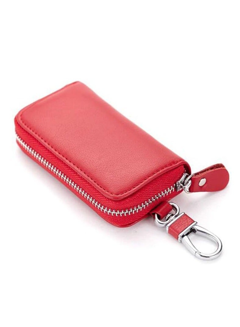 ECVV Unisex Mens Womens Premium Leather Car Key Holder Bag Keychain Case Wallet with 6 Hooks Zipper Closure, Red, 4.3x2.10inch - Image 1