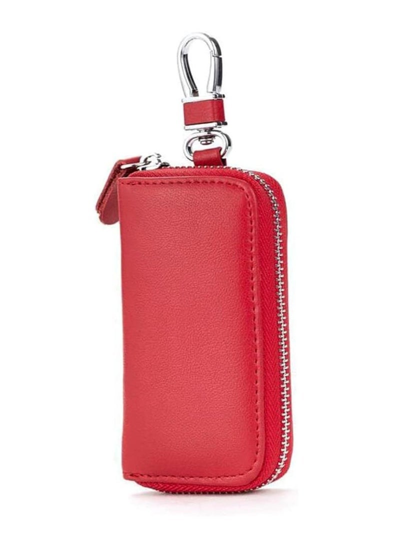 ECVV Unisex Mens Womens Premium Leather Car Key Holder Bag Keychain Case Wallet with 6 Hooks Zipper Closure, Red, 4.3x2.10inch - Image 2