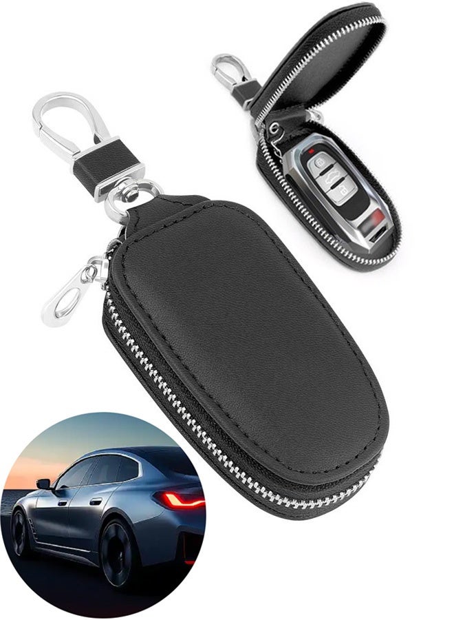Stylish PU Black Leather Universal Car Key Case with Zipper Keychain Protective Cover Perfect for Daily Carry Car Owners Road Trips Home Key Organization and Preventing Key Wear - Image 1