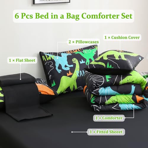 Tasselily 6 Pcs Bed in A Bag Full Comforter Set for Boys Girls, Dinosaur Comforter, Dinosaur Bedding Sets with Sheets for Kids - Image 2
