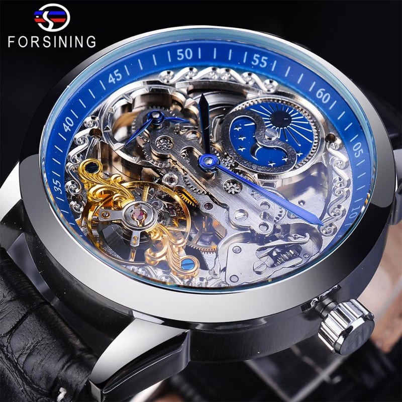 FORSINING Men's Skeleton Moon Phase Watch Mechanical Self-Wind Tourbillon Dual Time Zone Watches Automatic Luxury Leather Strap Large Dial Wristwatch, Blue - Image 2