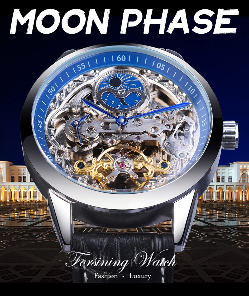 FORSINING Men's Skeleton Moon Phase Watch Mechanical Self-Wind Tourbillon Dual Time Zone Watches Automatic Luxury Leather Strap Large Dial Wristwatch, Blue - Image 3