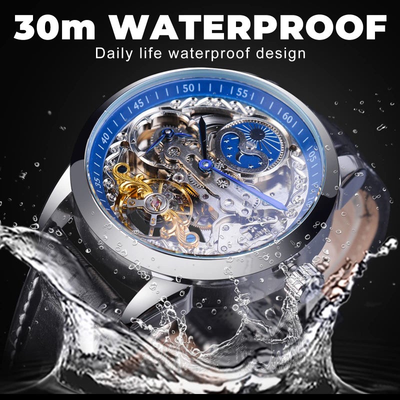 FORSINING Men's Skeleton Moon Phase Watch Mechanical Self-Wind Tourbillon Dual Time Zone Watches Automatic Luxury Leather Strap Large Dial Wristwatch, Blue - Image 5