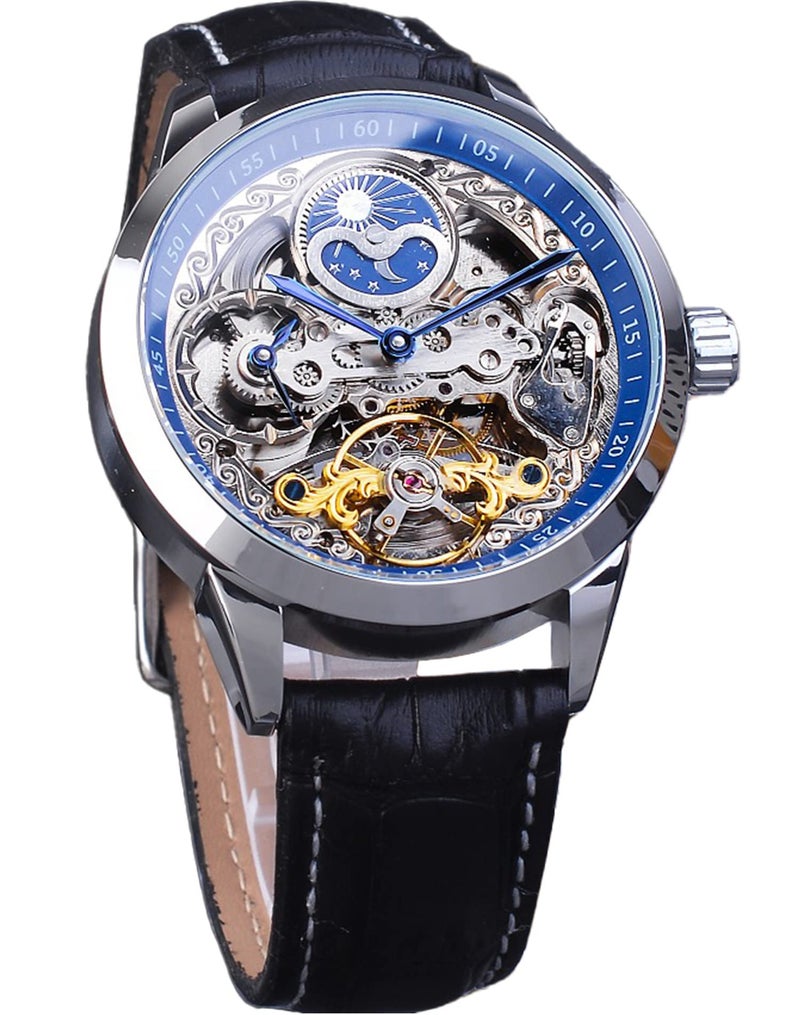 FORSINING Men's Skeleton Moon Phase Watch Mechanical Self-Wind Tourbillon Dual Time Zone Watches Automatic Luxury Leather Strap Large Dial Wristwatch, Blue - Image 1