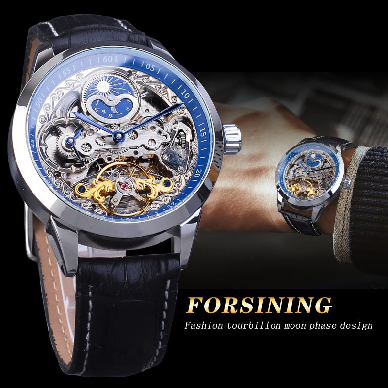 FORSINING Men's Skeleton Moon Phase Watch Mechanical Self-Wind Tourbillon Dual Time Zone Watches Automatic Luxury Leather Strap Large Dial Wristwatch, Blue - Image 4