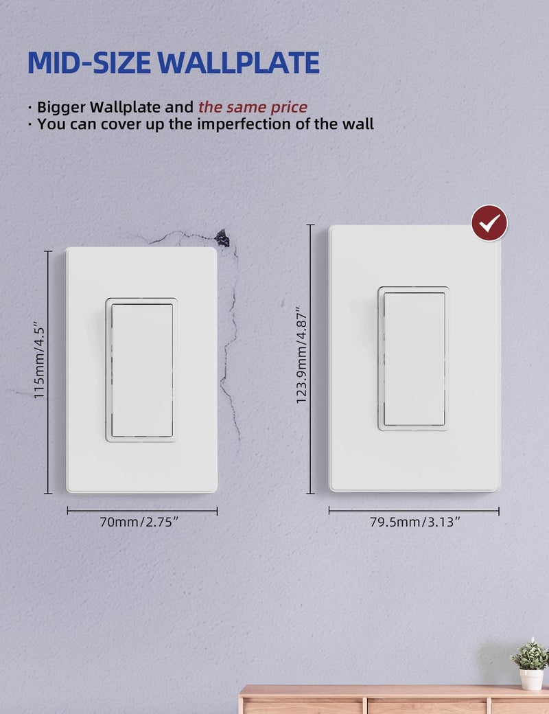 AIDA Screwless Decorator Wall Plates, Mid-Size 1-Gang 4.87" x 3.13", White Outlet Cover Plate, for Decor Switch, Dimmer, GFCI, USB Receptacle, UL Listed(4 Pack) - Image 2