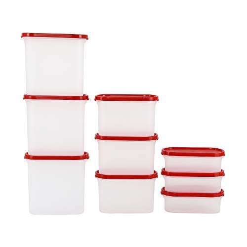 Cutting EDGE BPAFree Stackable Modular 05LX3 12LX3 18LX3 Oval Kitchen Organizer Container with Plain Lids for Rice Dal Atta Flour Cereals Snacks Red Set of 9 - Image 1