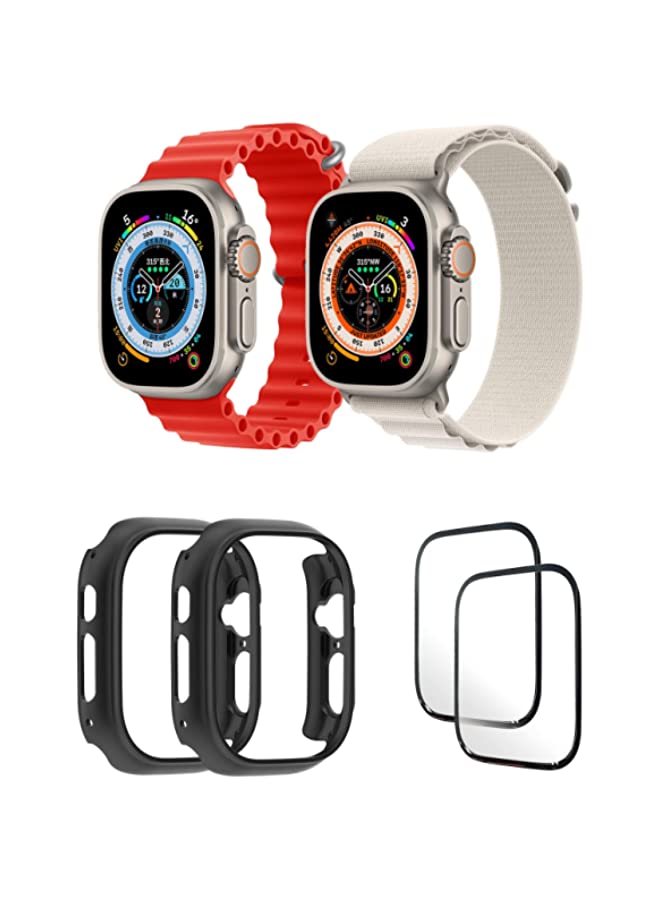 IAF Silicone Ocean Band Strap for iWatch Ultra 8 49mm,Nylon G-hook Loop Buckle Watch Strap, 49mm Red/White , Case Compatible with iWatch Ultra 49mm Black/Black ,2* pcs Watch glass Set of 6