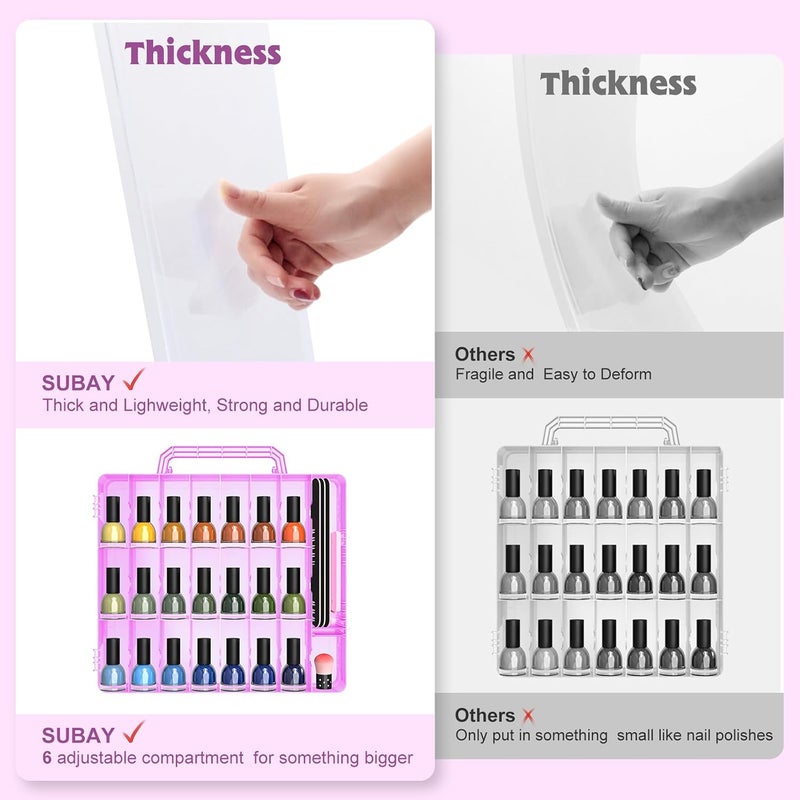 Subay 2 Pcs Portable Nail Polish Organizer, Clear Double Side Nail Polish Holder,Gel Nail Storage for 48 Bottles with 6 Adjustable Dividers in Each Side Space Saver Pink - Image 3