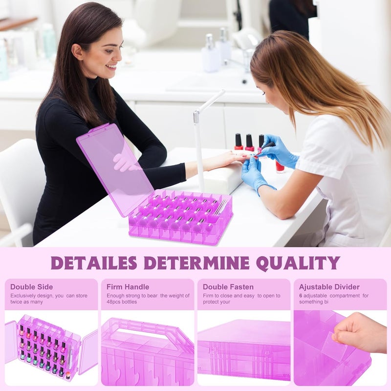 Subay 2 Pcs Portable Nail Polish Organizer, Clear Double Side Nail Polish Holder,Gel Nail Storage for 48 Bottles with 6 Adjustable Dividers in Each Side Space Saver Pink - Image 4