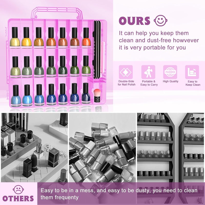 Subay 2 Pcs Portable Nail Polish Organizer, Clear Double Side Nail Polish Holder,Gel Nail Storage for 48 Bottles with 6 Adjustable Dividers in Each Side Space Saver Pink - Image 2
