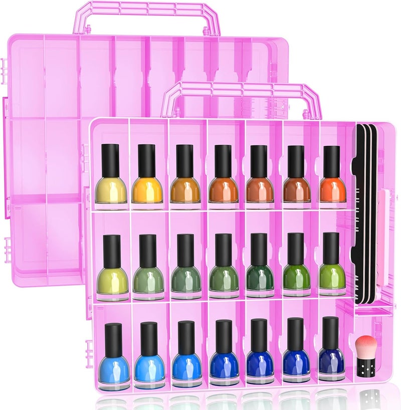 Subay 2 Pcs Portable Nail Polish Organizer, Clear Double Side Nail Polish Holder,Gel Nail Storage for 48 Bottles with 6 Adjustable Dividers in Each Side Space Saver Pink - Image 1
