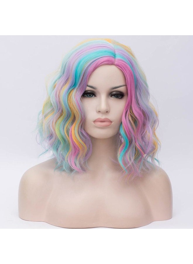 Cying Lin Short Bob Wavy Curly Wig Rainbow-colored Wig For Women Cosplay Halloween Wigs Heat Resistant Bob Party Wig Include Wig Cap (Rainbow-colored) - Image 5