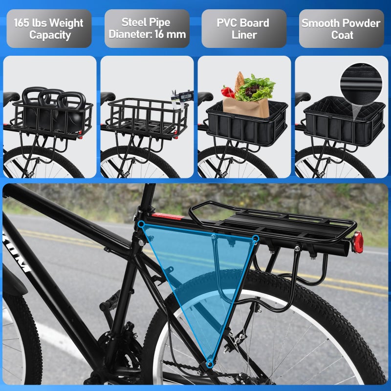 Morelexa Upgraded Rear Bike Rack with Basket, Removable Adjustable Bike Basket Rear with Liner,Waterproof Cover,Cargo Net, Heavy Duty Bicycle Rear Basket for Most Bikes and E-Bike - Image 3