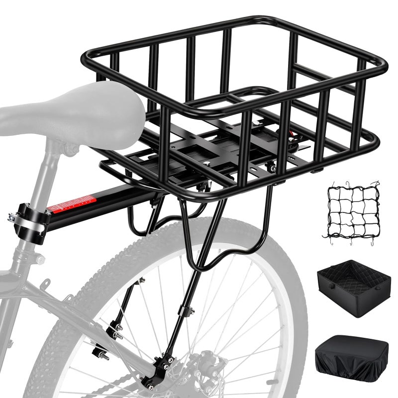 Morelexa Upgraded Rear Bike Rack with Basket, Removable Adjustable Bike Basket Rear with Liner,Waterproof Cover,Cargo Net, Heavy Duty Bicycle Rear Basket for Most Bikes and E-Bike - Image 1