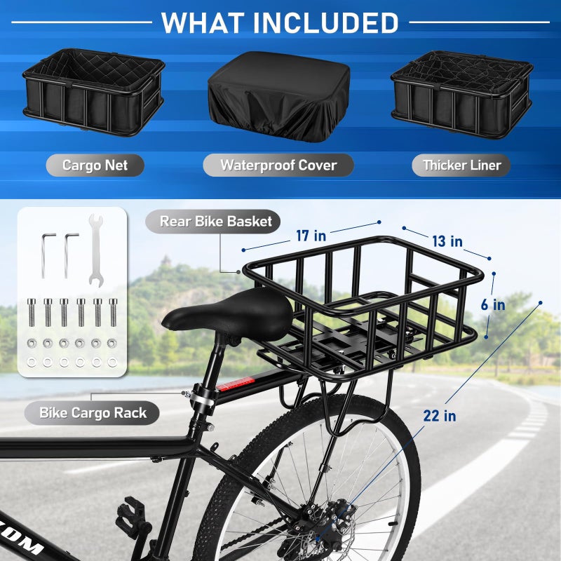 Morelexa Upgraded Rear Bike Rack with Basket, Removable Adjustable Bike Basket Rear with Liner,Waterproof Cover,Cargo Net, Heavy Duty Bicycle Rear Basket for Most Bikes and E-Bike - Image 2