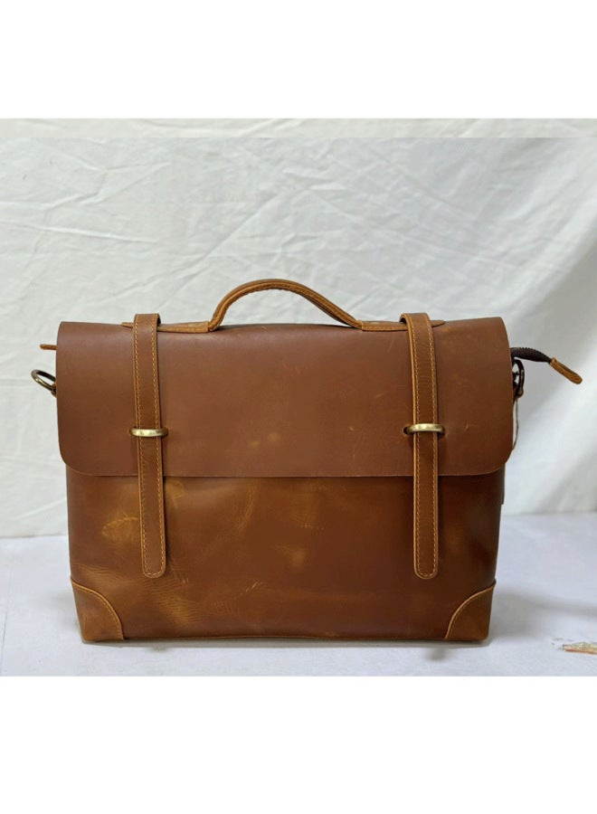 Vintage Mad Horse Leather Commuter Handbag Top Layer Cowhide Weathered Postman Bag British Style Genuine Leather Single Shoulder Bag For Men-Color:Light Brown (large)-Dimensions:38*10*28cm - Image 1
