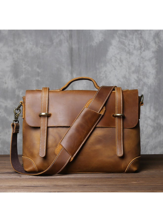 Vintage Mad Horse Leather Commuter Handbag Top Layer Cowhide Weathered Postman Bag British Style Genuine Leather Single Shoulder Bag For Men-Color:Light Brown (large)-Dimensions:38*10*28cm - Image 2