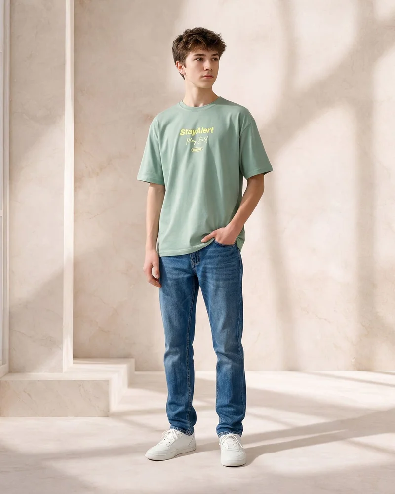 Redtag Senior Boys Green Printed T-Shirt