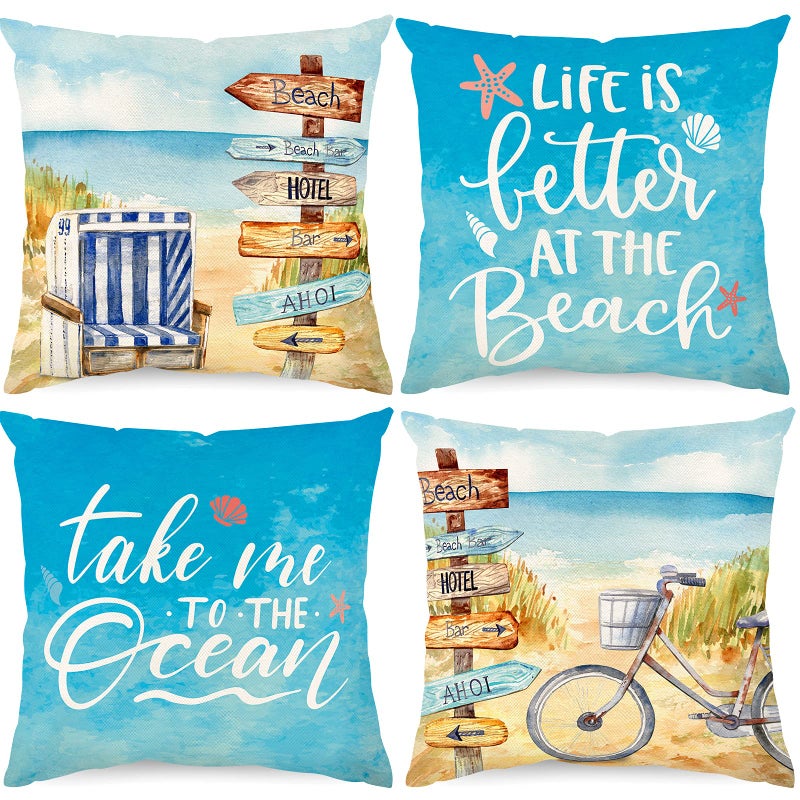 Whaline Summer Beach Pillow Cover Tropical Sea Ocean Cushion Case 18 x 18 Inch Linen Blue Throw Pillow Case Summer Decorative Cushion Cover for Indoor Outdoor Couch Bed Sofa Home Decoration