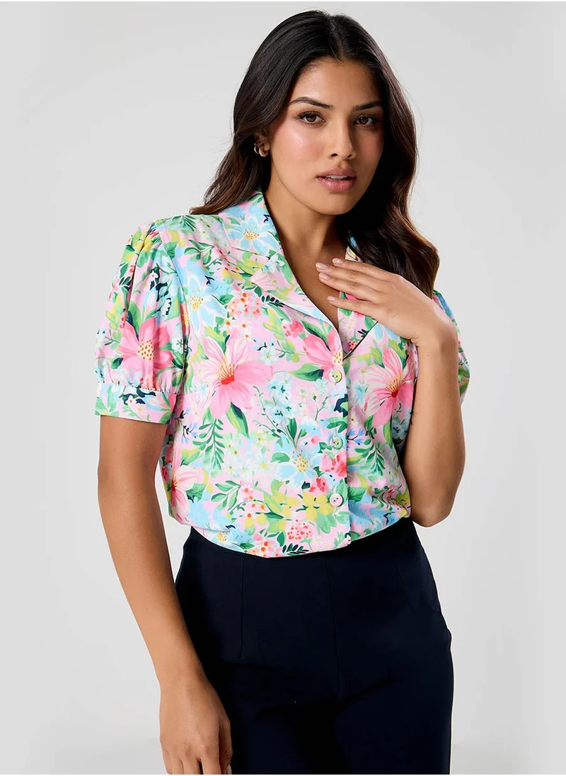 Zigzag Deep Vneck Lapel Printed Top