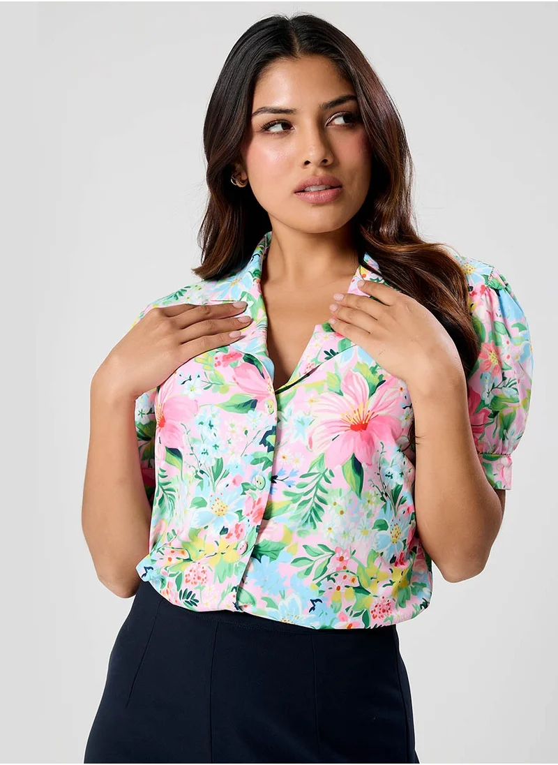 Zigzag Deep Vneck Lapel Printed Top