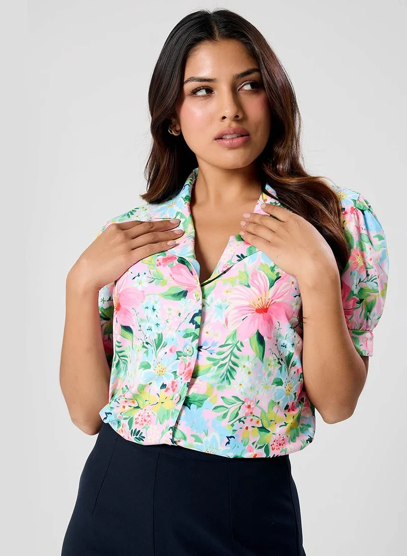 زجزاج بلوزة مطبوعة بياقة على شكل حرف  عميق