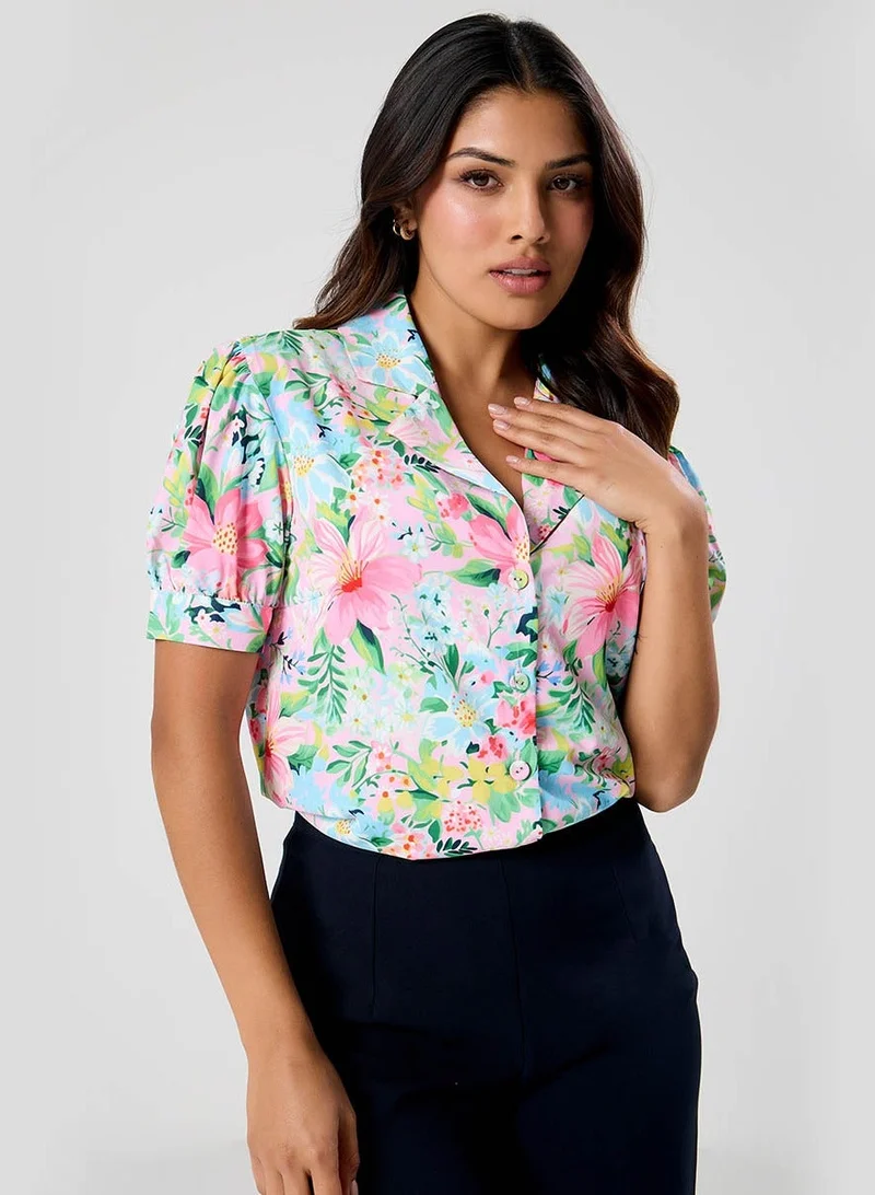 زجزاج بلوزة مطبوعة بياقة على شكل حرف  عميق