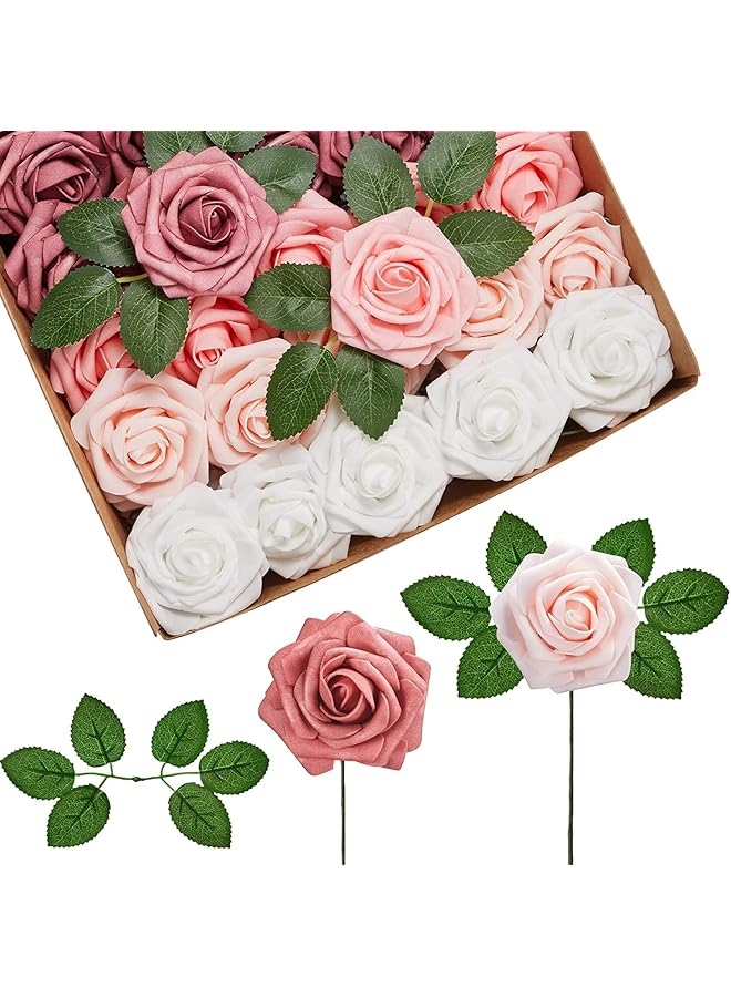 erorex Artificial Flowers 25Pcs Real Looking Foam Fake Roses With Stems For Diy Wedding Bouquets Baby Shower Centerpieces Floral Arrangements Party Tables Home Decorations Shades Of Dusty Rose - Image 1