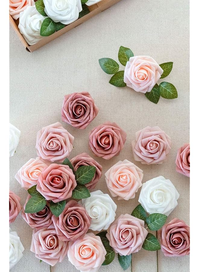 erorex Artificial Flowers 25Pcs Real Looking Foam Fake Roses With Stems For Diy Wedding Bouquets Baby Shower Centerpieces Floral Arrangements Party Tables Home Decorations Shades Of Dusty Rose - Image 3