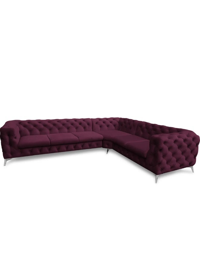 طقم أريكة تشيسترفيلد مخملي على شكل حرف L بأرجل ذهبية لغرفة معيشة تقليدية فاخرة بستة مقاعد بلون الكستناء - Image 1