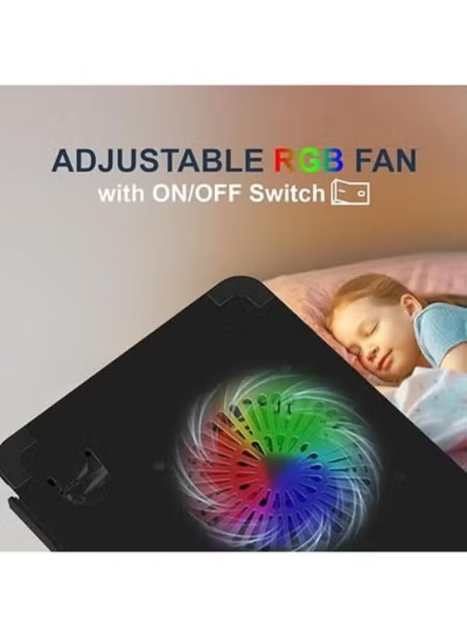 Foldable & Portable Laptop Stand with 360° Rotating Base – Adjustable RGB Fan, Double USB, Supports 10–19” Laptops - Image 2