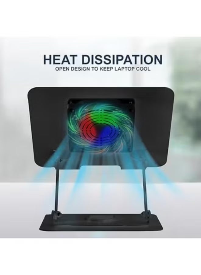 Foldable & Portable Laptop Stand with 360° Rotating Base – Adjustable RGB Fan, Double USB, Supports 10–19” Laptops - Image 4
