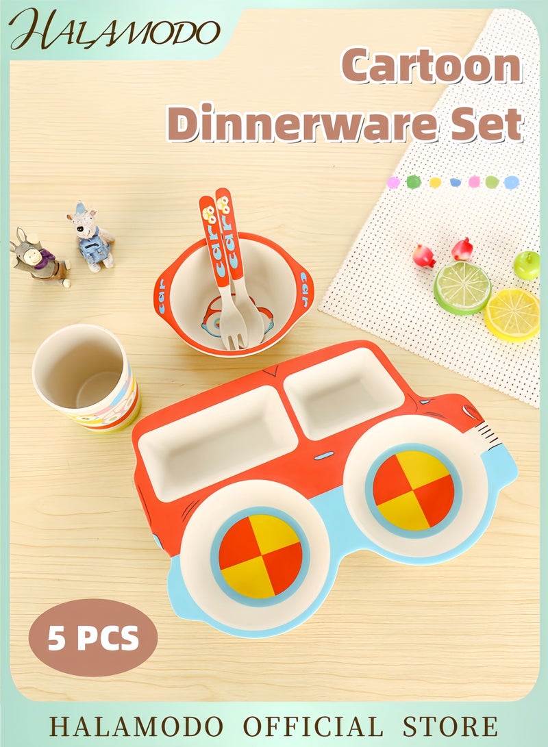 HALAMODO 5-Piece Car-Themed Children’s Tableware Set Divided Plates Spoons Forks Bowls and Cups Baby Dining Control Plate Food-Grade Safe Material Easy to Clean - Image 1