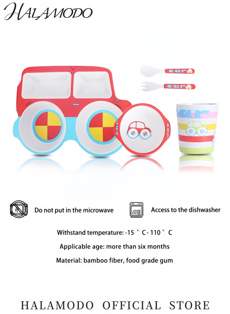 HALAMODO 5-Piece Car-Themed Children’s Tableware Set Divided Plates Spoons Forks Bowls and Cups Baby Dining Control Plate Food-Grade Safe Material Easy to Clean - Image 4