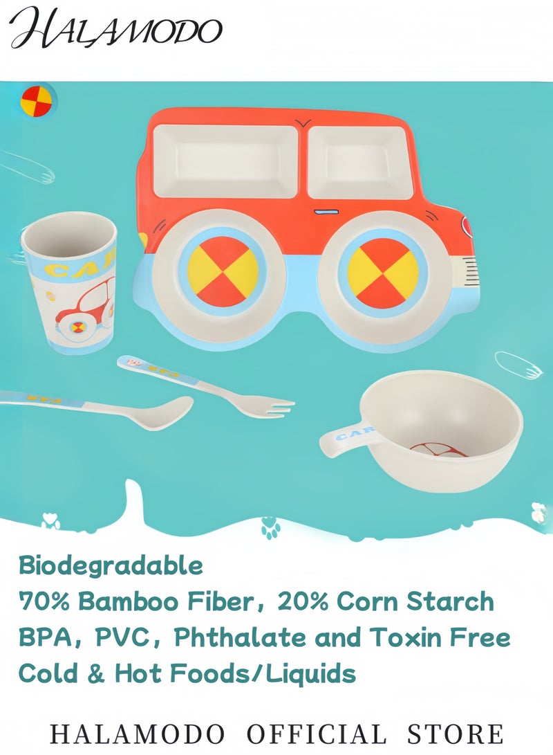 HALAMODO 5-Piece Car-Themed Children’s Tableware Set Divided Plates Spoons Forks Bowls and Cups Baby Dining Control Plate Food-Grade Safe Material Easy to Clean - Image 3