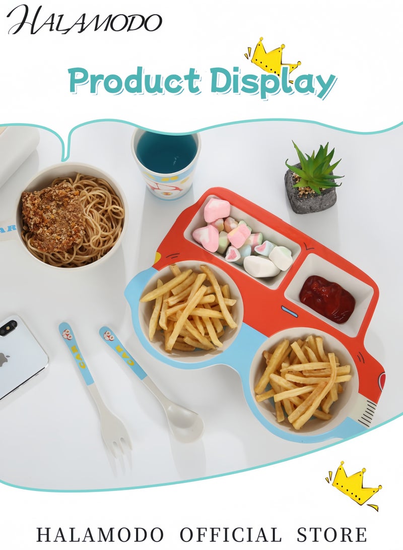 HALAMODO 5-Piece Car-Themed Children’s Tableware Set Divided Plates Spoons Forks Bowls and Cups Baby Dining Control Plate Food-Grade Safe Material Easy to Clean - Image 5