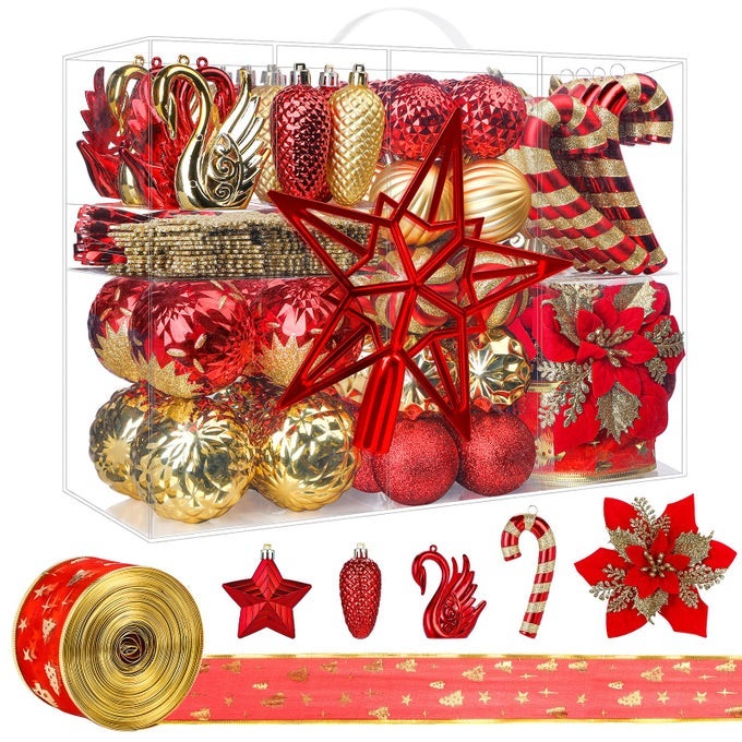 128PCS CHRISTMAS BALLS ORNAMENTS SET SHATTERPROOF PLASTIC BAUBLES CHRISTMAS FLOWERS RIBBON AND TREE TOPPER FOR XMAS TREE HOLIDAY WEDDING PARTY DECORATIONS WITH HANGING STRINGS RED AND GOLD