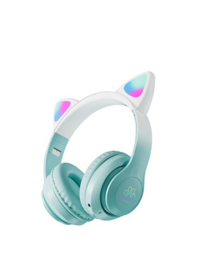 سماعات رأس لاسلكية STN-28 Pro Cat Ear LED (خضراء) – سماعة رأس بلوتوث فوق الأذن مع ميكروفون