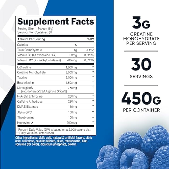 Nutricost Pre-C Pre-Workout Complex with Creatine (Blue Rasberry | 30 Servings) Powder - Boost Fintess Routines, 450g - Image 2
